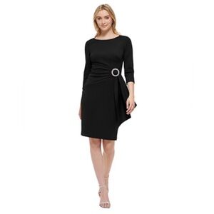 Eliza J Black Scuba crepe Dress with Rhinestone Buckle accent. NWT.